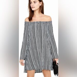 Express Stripped black/white Geo Print off shoulder trapeze Dress Size M